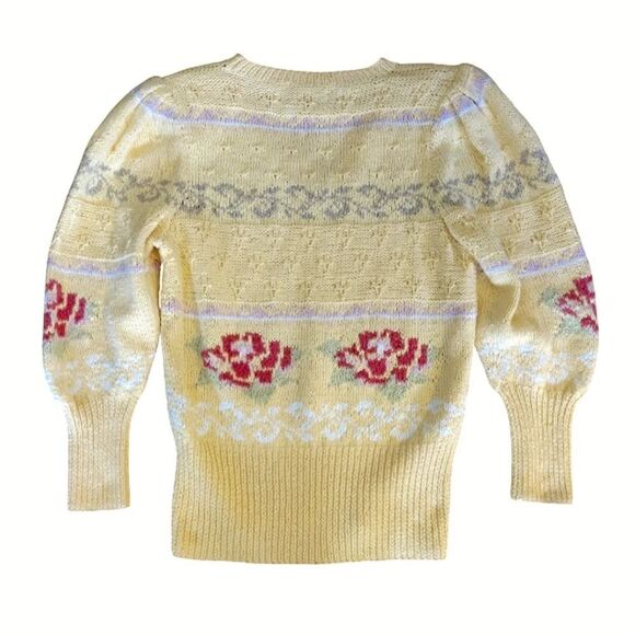 VTG 70s Yellow Pink Floral Cable Knit Vneck Sweater Large *Fits like Small - Picture 11 of 16